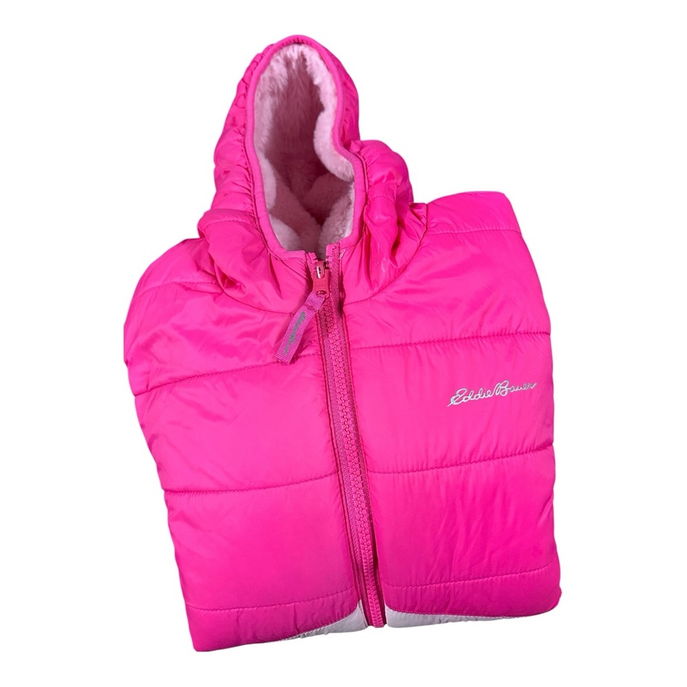 Eddie Bauer Kids M 10/12 Puffer Jacket Pink & White Faux Fur Hooded Coat